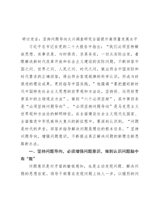 研讨发言：坚持问题导向 大兴调查研究 全面提升高质量发展水平
