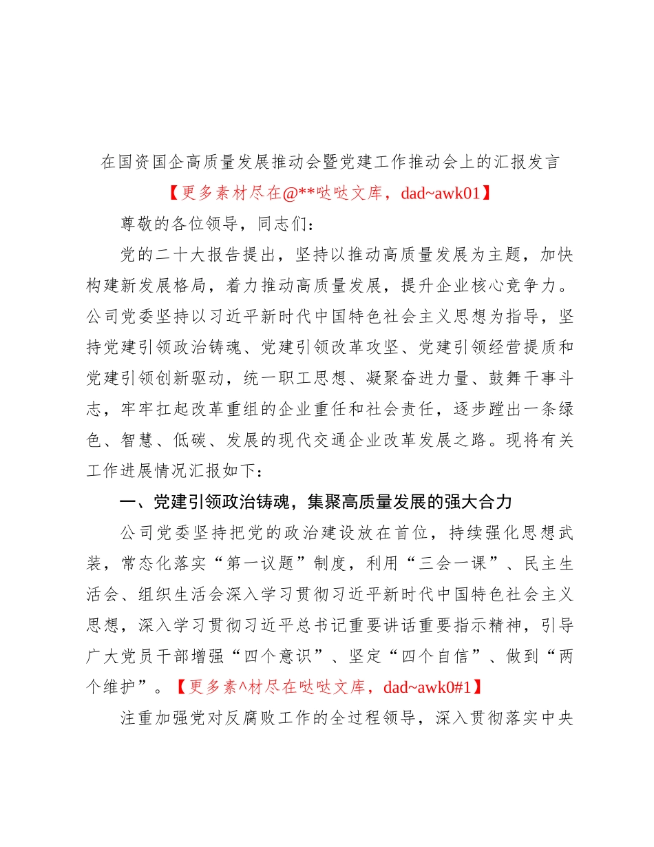 在国资国企高质量发展推动会暨党建工作推动会上的汇报发言_第1页