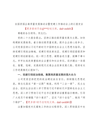 在国资国企高质量发展推动会暨党建工作推动会上的汇报发言