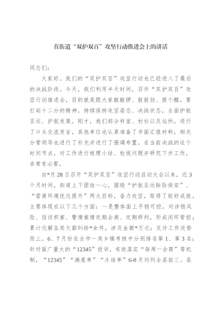 在街道“双护双百”攻坚行动推进会上的讲话