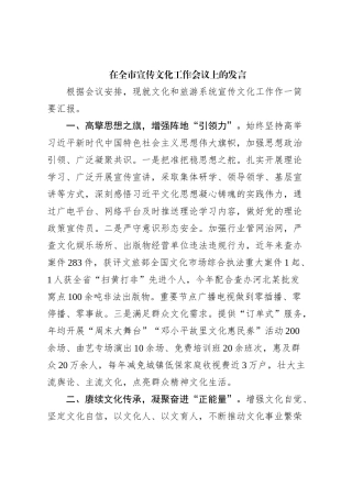 在全市宣传文化工作会议上的发言