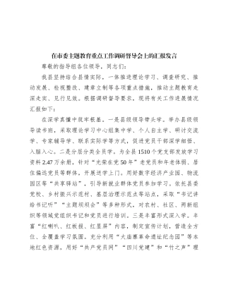 在市委主题教育重点工作调研督导会上的汇报发言