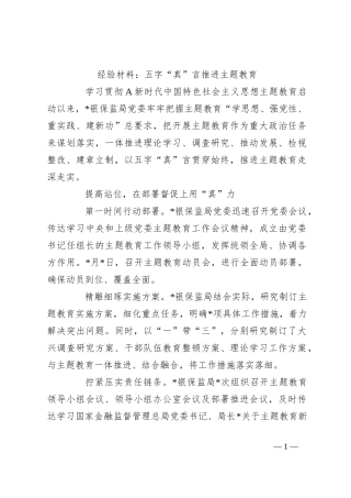 经验材料：五字“真”言推进主题教育