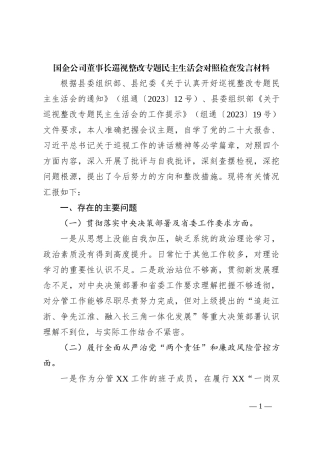 国企公司董事长巡视整改专题民主生活会对照检查发言材料