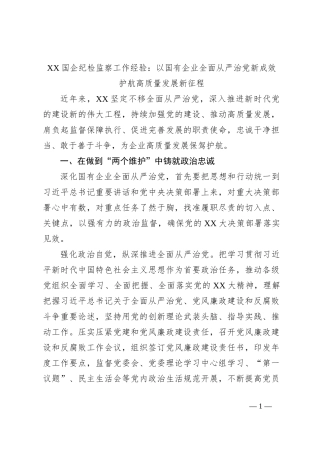 国企纪检监察工作经验：以国有企业全面从严治党新成效护航高质量发展新征程