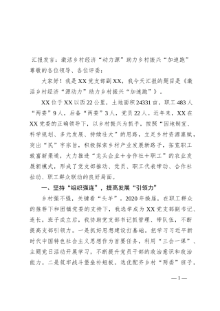 汇报发言：激活乡村经济“动力源”助力乡村振兴“加速跑”
