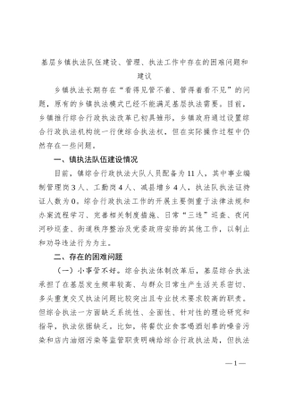 基层乡镇执法队伍建设、管理、执法工作中存在的困难问题和建议