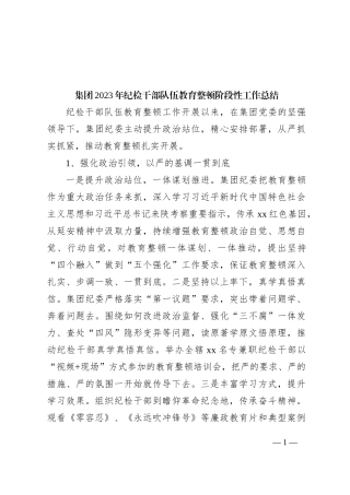集团2023年纪检干部队伍教育整顿阶段性工作总结
