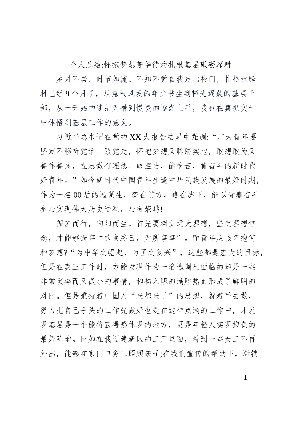 个人总结怀抱梦想芳华待灼扎根基层砥砺深耕_第1页