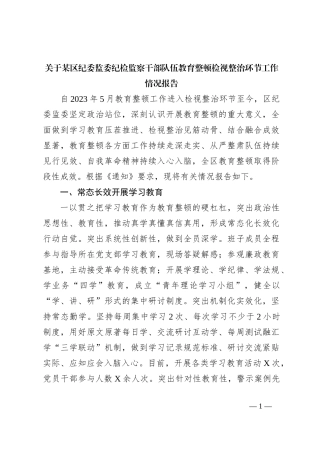 关于某区纪委监委纪检监察干部队伍教育整顿检视整治环节工作情况报告