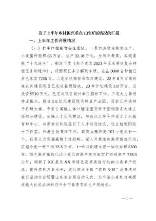 关于上半年乡村振兴重点工作开展情况的汇报