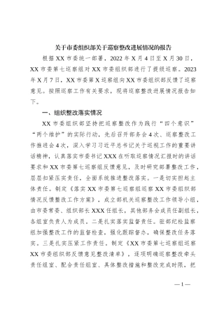 关于市委组织部关于巡察整改进展情况的报告