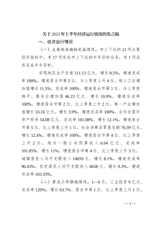 关于2023年上半年经济运行情况的发言稿