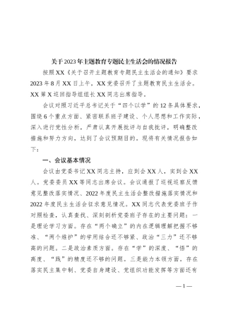 关于2023年主题教育专题民主生活会的情况报告