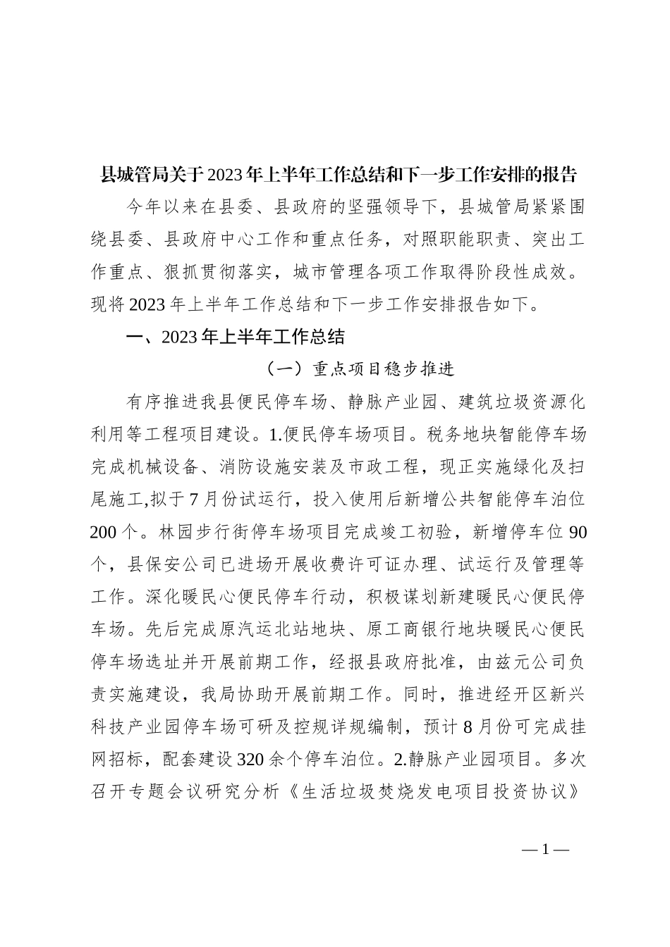 县城管局关于2023年上半年工作总结和下一步工作安排的报告_第1页