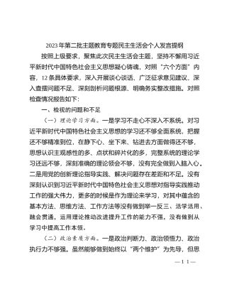 2023年第二批主题教育专题民主生活会个人发言提纲(1)