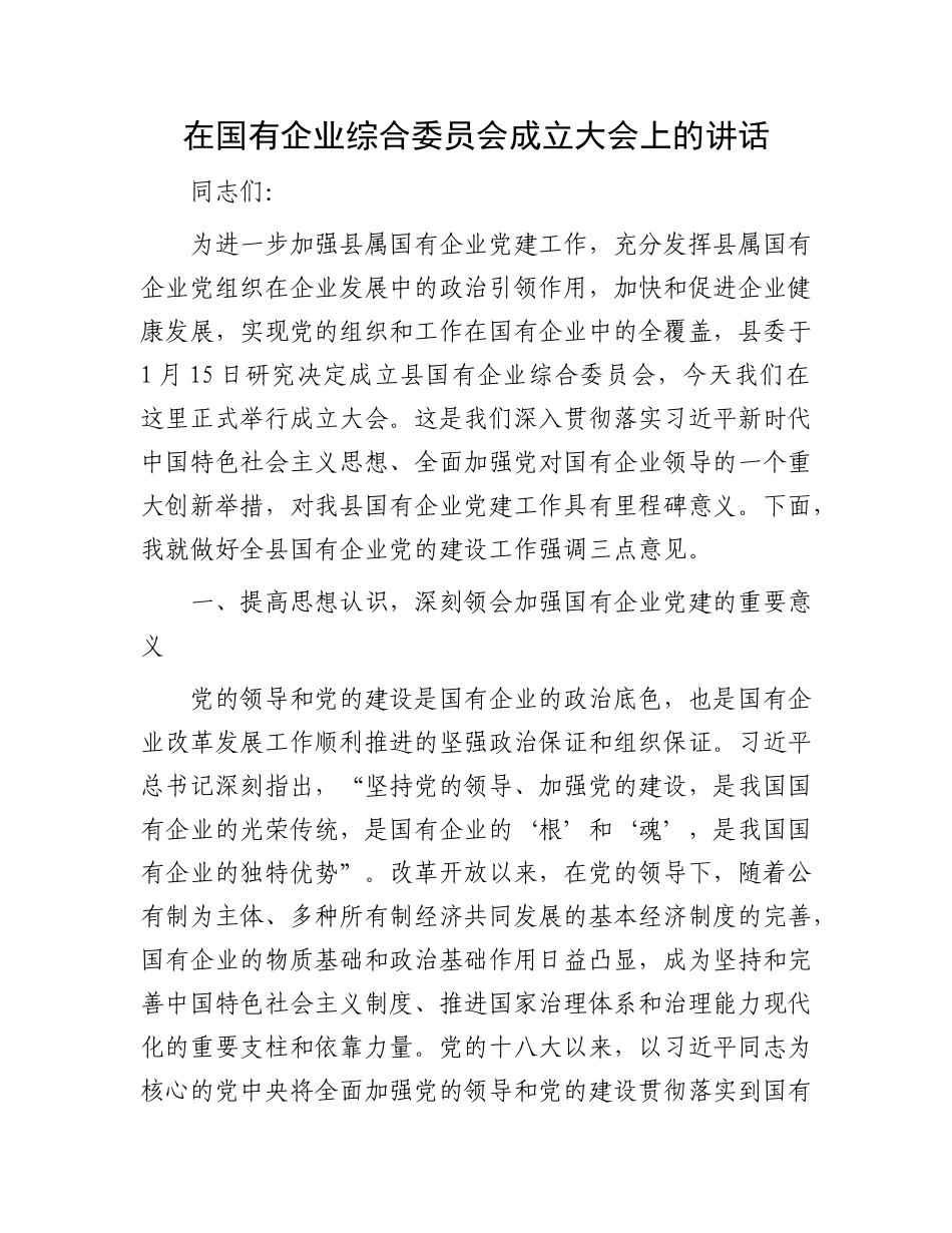 在国有企业综合委员会成立大会上的讲话_第1页