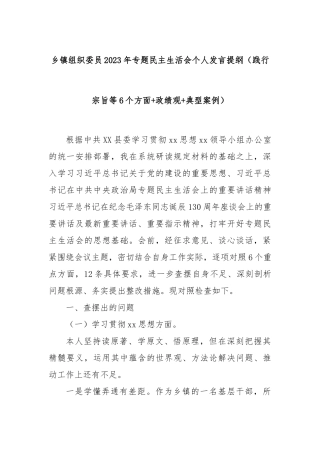乡镇组织委员2023年专题民主生活会个人发言提纲（践行宗旨等6个方面+政绩观+典型案例）