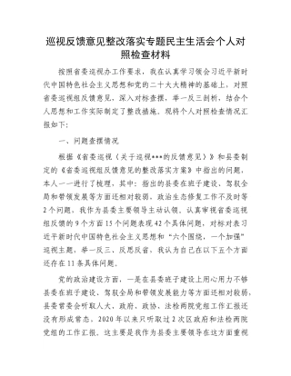 巡视反馈意见整改落实专题民主生活会个人对照检查材料