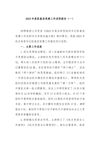 2023年度抓基层党建工作述职报告（一）