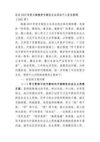 2023年主题教育民主生活会个人对照检查材料  区长（践行宗旨等6个方面）