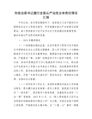 市政法委书记履行全面从严治党主体责任情况汇报