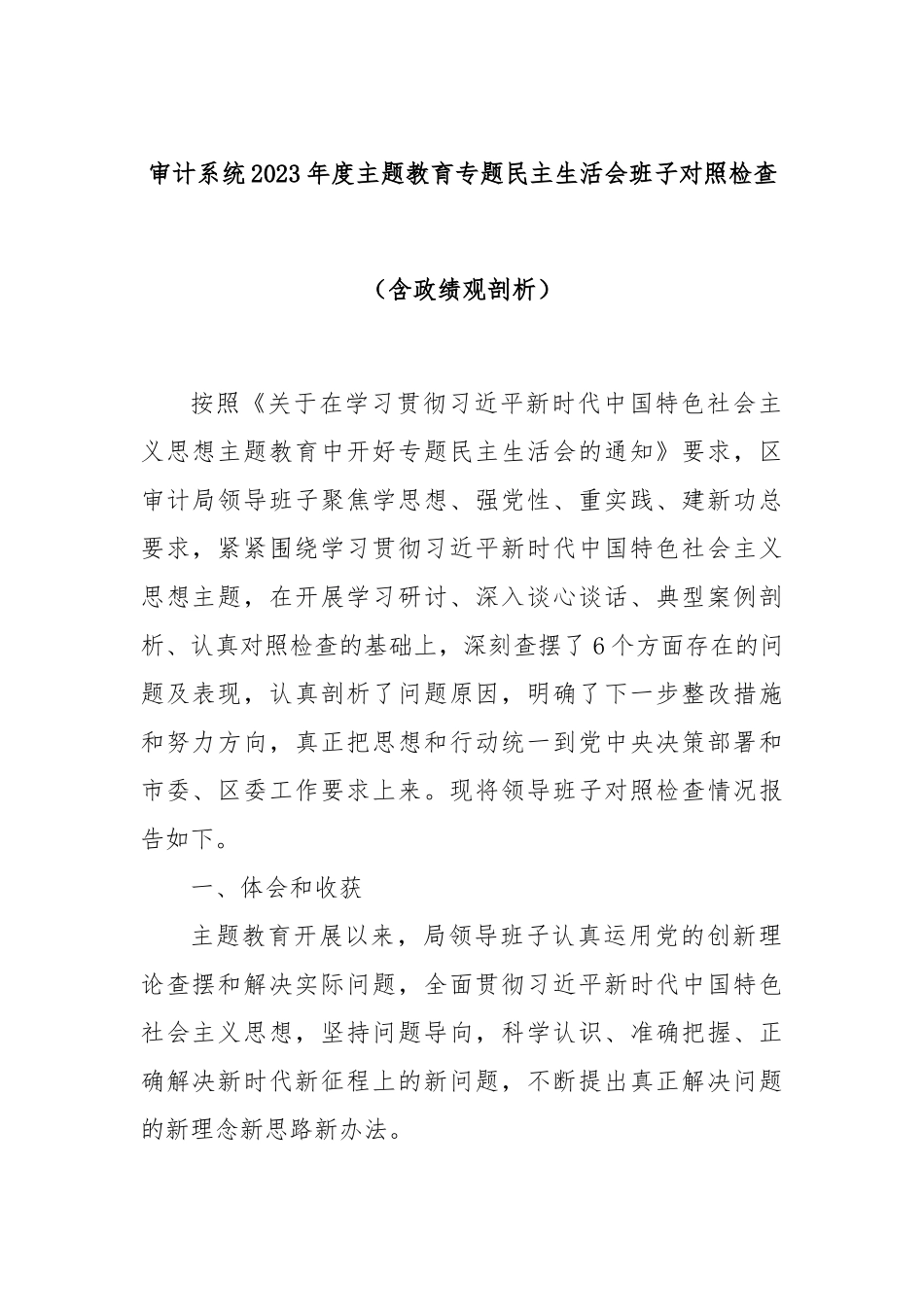 审计系统2023年度主题教育专题民主生活会班子对照检查（含政绩观剖析）_第1页
