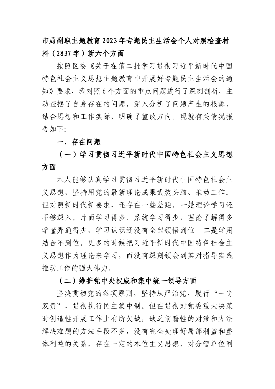 市局副职2023年主题教育民主生活会对照检查材料（践行宗旨等6个方面）(2)_第1页