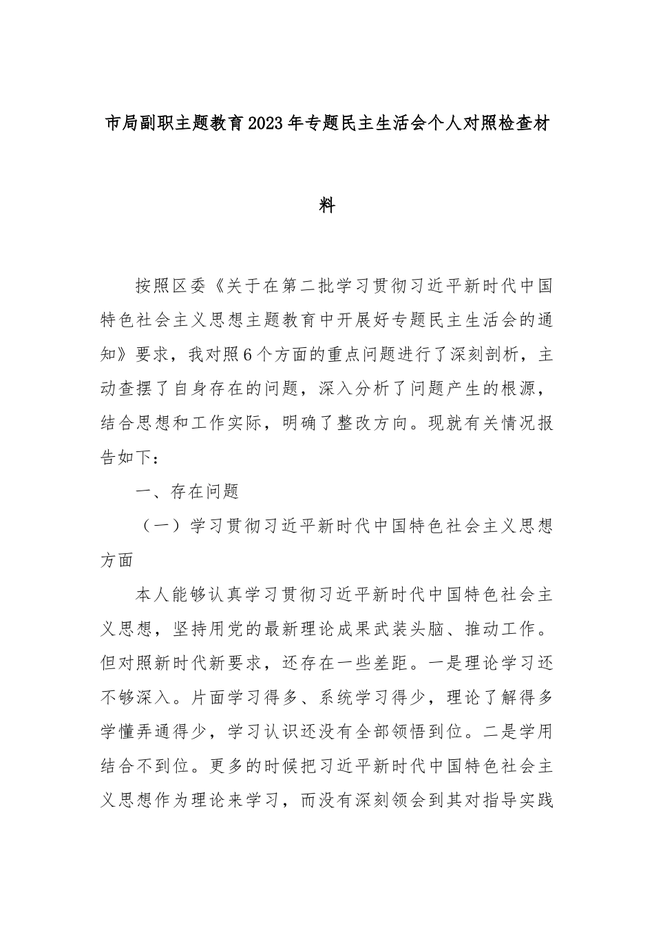 市局副职主题教育2023年专题民主生活会个人对照检查材料(2)_第1页
