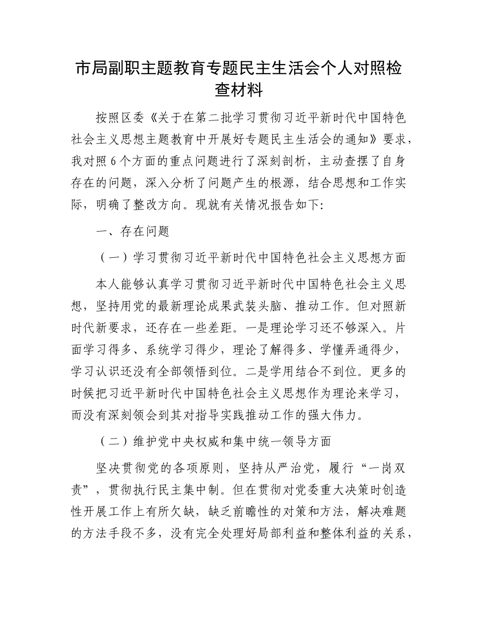 市局副职主题教育专题民主生活会个人对照检查材料(1)_第1页