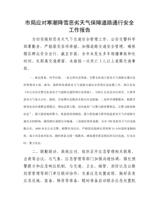 市局应对寒潮降雪恶劣天气保障道路通行安全工作报告(1)