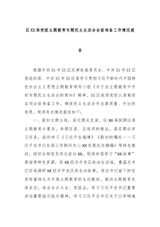 区XX局党组主题教育专题民主生活会会前准备工作情况报告