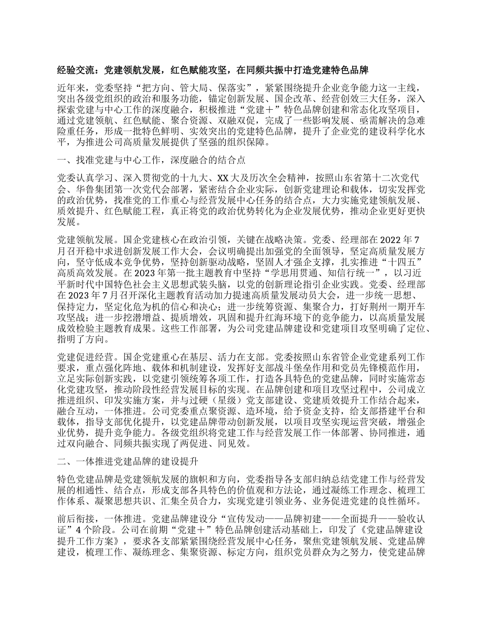 经验交流：党建领航发展， 红色赋能攻坚， 在同频共振中打造党建特色品牌_第1页