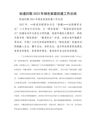 街道妇联2023年绿色家庭创建工作总结