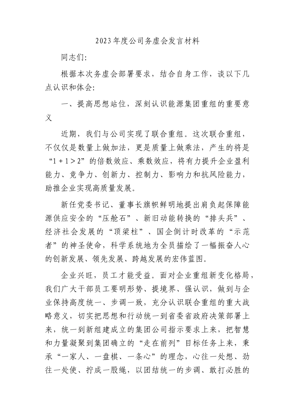 国企2023年度公司务虚会发言_第1页