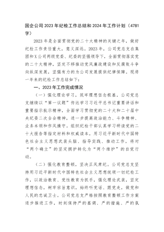 国企公司2023年纪检工作总结和2024年工作计划(1)