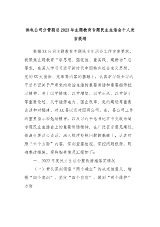 供电公司分管副总2023年主题教育专题民主生活会个人发言提纲