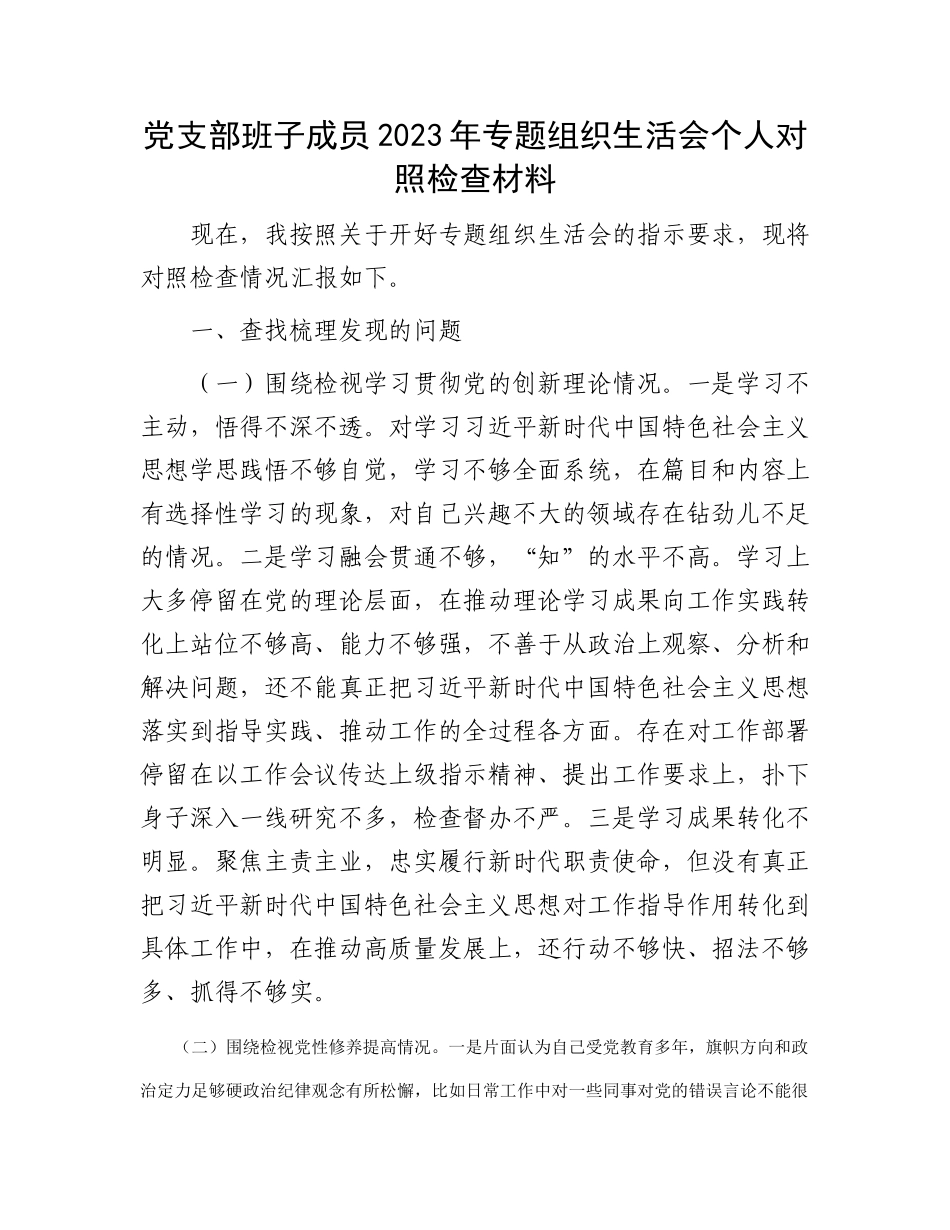 党支部班子成员2023年专题组织生活会个人对照检查材料(1)_第1页