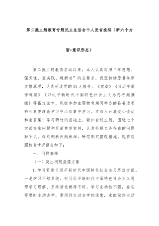 第二批主题教育专题民主生活会个人发言提纲（新六个方面+意识形态）