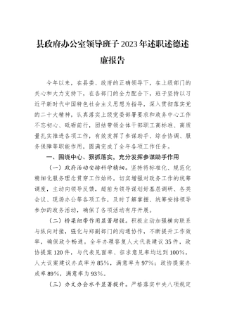 县政府办公室领导班子2023年述职述德述廉报告
