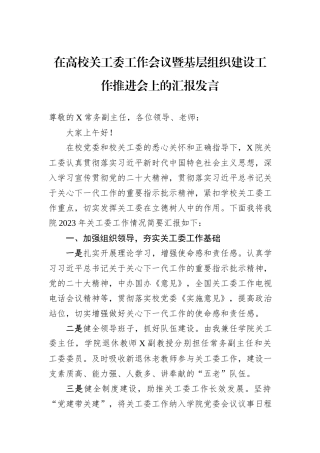 在高校关工委工作会议暨基层组织建设工作推进会上的汇报发言