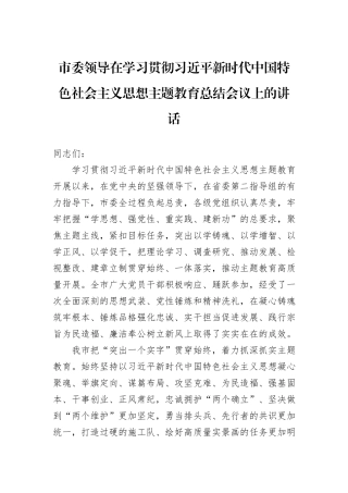 市委领导在学习贯彻习近平新时代中国特色社会主义思想主题教育总结会议上的讲话