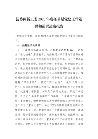 县委两新工委2023年度抓基层党建工作述职和述责述廉报告