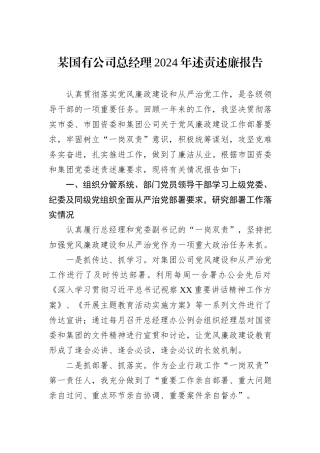 某国有公司总经理2024年述责述廉报告