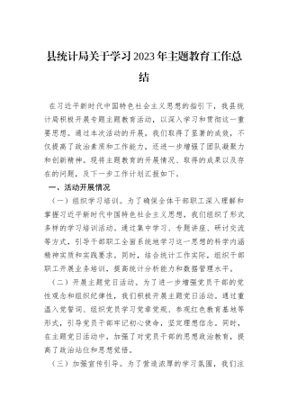 县统计局关于学习2023年主题教育工作总结