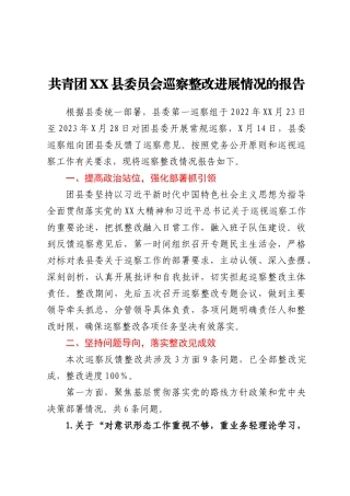 共青团XX县委员会巡察整改进展情况的报告