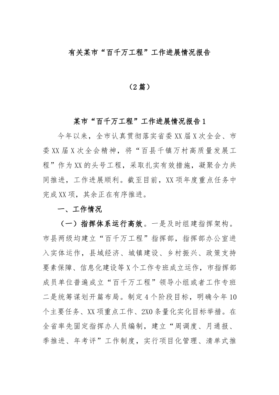(2篇)有关某市“百千万工程”工作进展情况报告_第1页