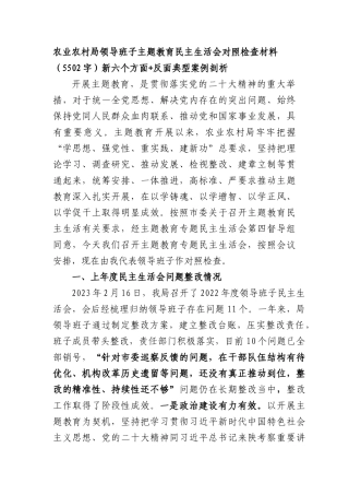 （农业农村局班子）主题教育民主生活会对照检查材料（践行宗旨等6个方面+反面典型案例剖析）