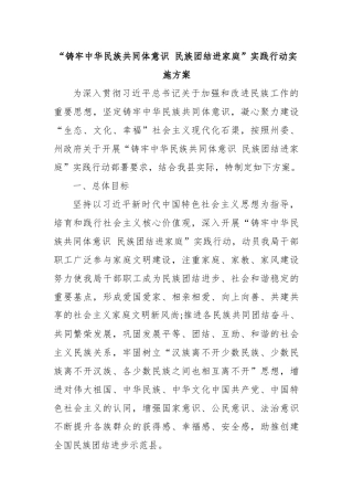 “铸牢中华民族共同体意识 民族团结进家庭”实践行动实施方案