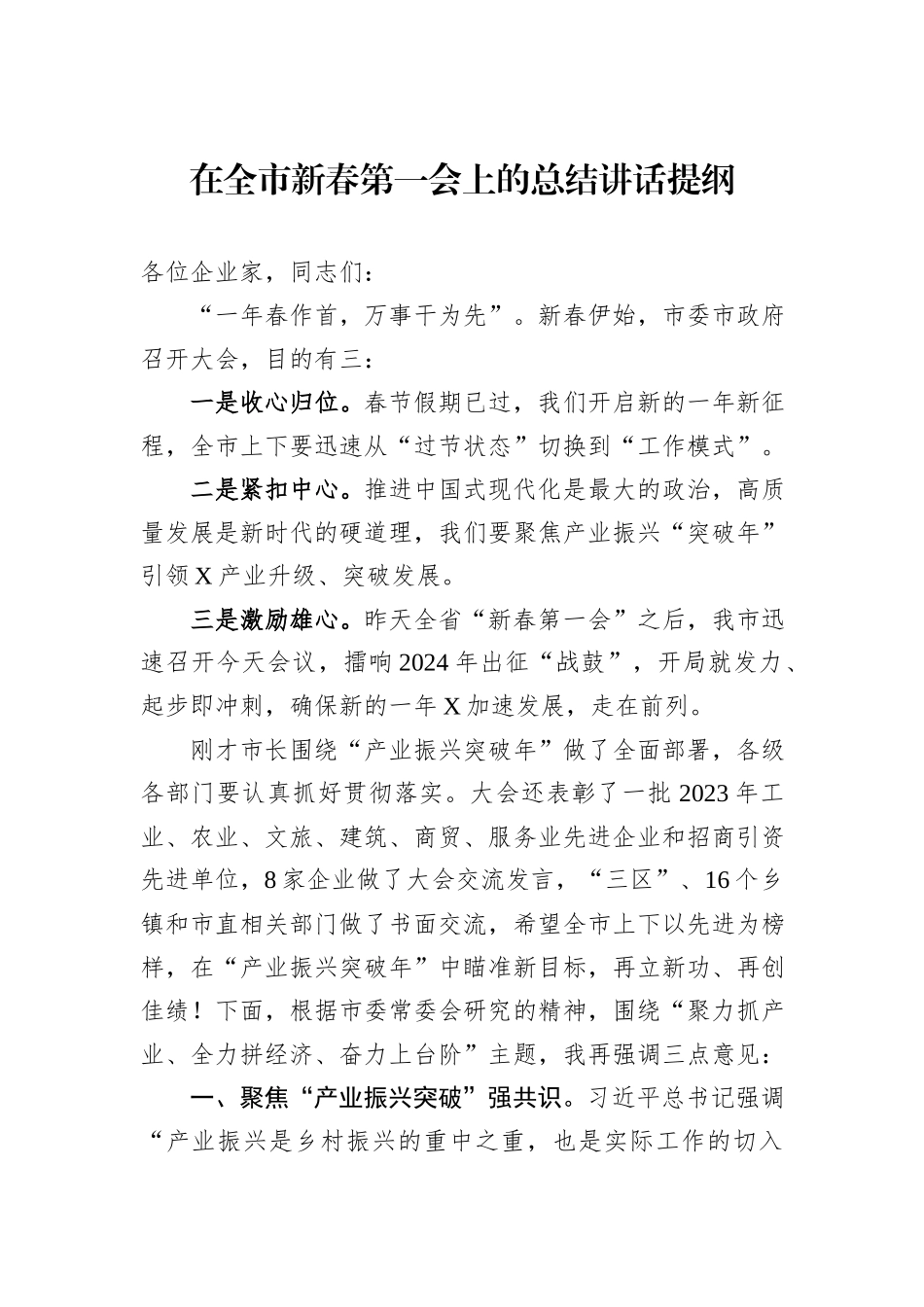 在全市新春第一会上的总结讲话提纲_第1页